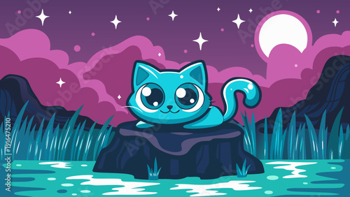 Whimsical blue cat curled on mossy rock in serene fantasy water landscape at night