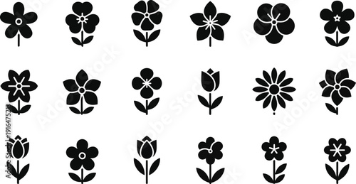 Floral Silhouette Collection: A curated arrangement of black floral silhouettes. Each unique flower showcases delicate petals, intricate details, and a timeless aesthetic.