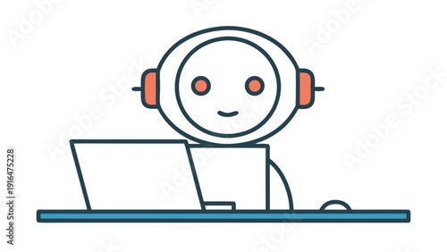 Cute tech robot character with circular head works on laptop