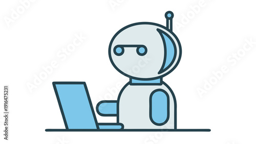 Cute rounded robot sitting at desk typing on laptop computer with antenna