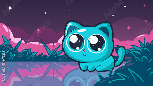 Cute round blue cat with big shining eyes sitting outdoors at dusk with stars