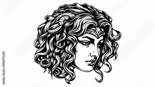 Mystical queen portrait with snakes in hair dark fantasy illustration