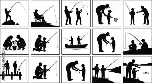 Black fishing silhouettes set with father and son catching fish using rods and nets on boat and shore isolated on white background for outdoors