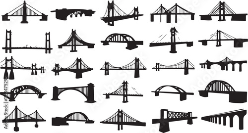 Various bridge silhouettes on white background for design and architecture