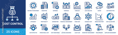 Cost control icon set. Containing return of investment, budgeting, expenses, overhead, forecast, cost analysis, saving and more. Blue vector icons collection.