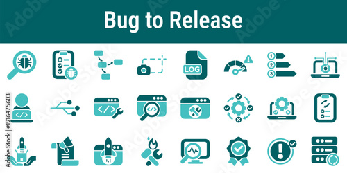 Icon set for bug tracking to software release workflow coding, testing, logging, analytics, alerts, deployment and approval steps