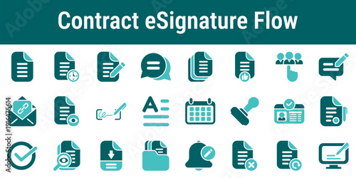 Contract eSignature flow process icons illustrating document preparation review approvals signing identity verification audit trail and completion workflow for digital agreements