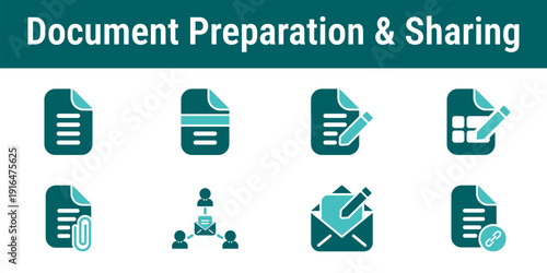 Document preparation and sharing icons showing contract drafting templates attachments recipient selection and sending documents for eSignature workflow