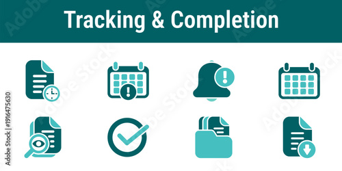 Tracking and completion icons illustrating status updates reminders deadlines audit trail archiving downloads and completed signed contract delivery