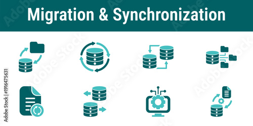 Icons visualizing database migration synchronization server transfer and data mapping