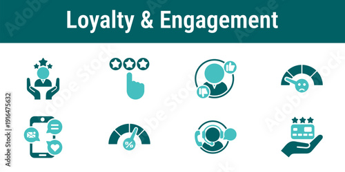 Icons visualizing loyalty programs engagement scoring satisfaction and customer interaction