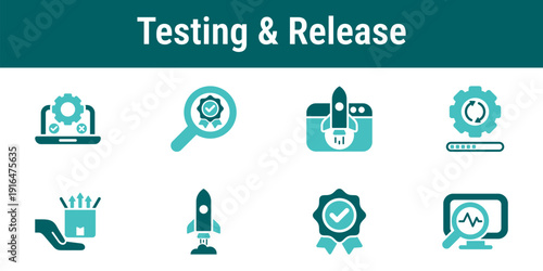 Minimal icons for software testing and release steps QA approval, deployment, validation, launch, update and monitoring for product workflow