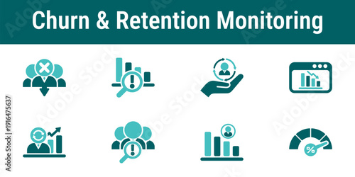 Icons representing churn risk retention metrics user loss alerts and customer stability tracking