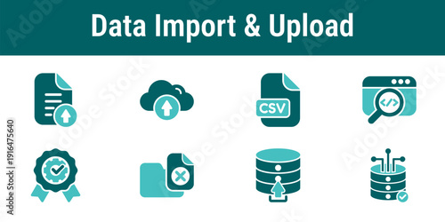 Icons representing file upload dataset import CSV input parsing and initial data validation