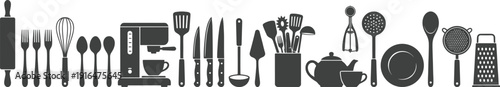 Black kitchenware icons set with cooking tools utensils cutlery coffee machine and appliances silhouettes isolated on white background for culinary restaurant and food graphic design