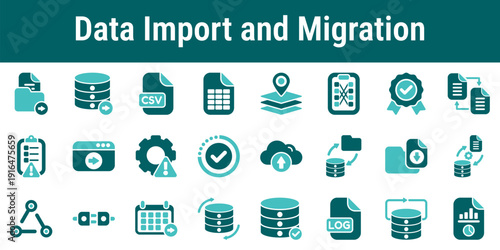 Icon set illustrating data import migration synchronization validation backup database transfer and system integration processes