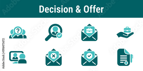 Hiring decision and offer icons illustrating approvals offer letter negotiation acceptance rejection and contract finalization in recruitment workflow