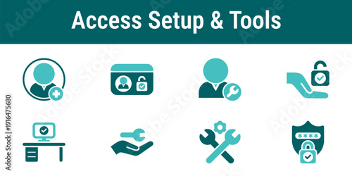 Employee access setup and tools icons representing account creation credentials permissions workspace equipment and system access configuration