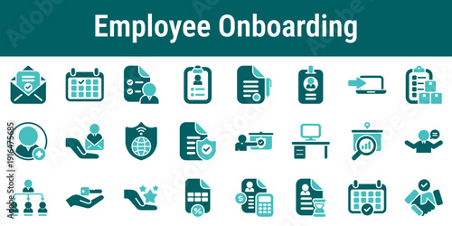 Employee onboarding process icons illustrating hiring preparation documentation access setup training integration and adaptation workflow for corporate teams