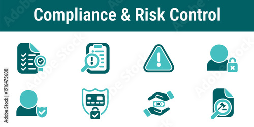 Compliance and risk control icons illustrating regulatory checks fraud risk assessment monitoring alerts and secure account access in KYC systems