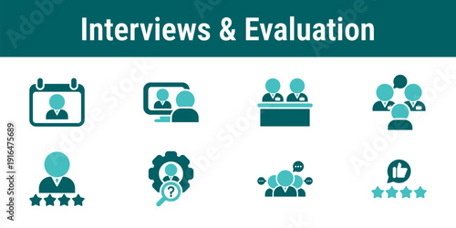 Interviews and evaluation icons representing interview scheduling video calls candidate discussion scoring assessment and hiring team feedback workflow