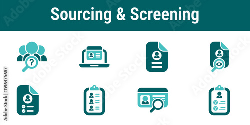 Candidate sourcing and screening icons showing job application resume review candidate search initial filtering and shortlist creation workflow