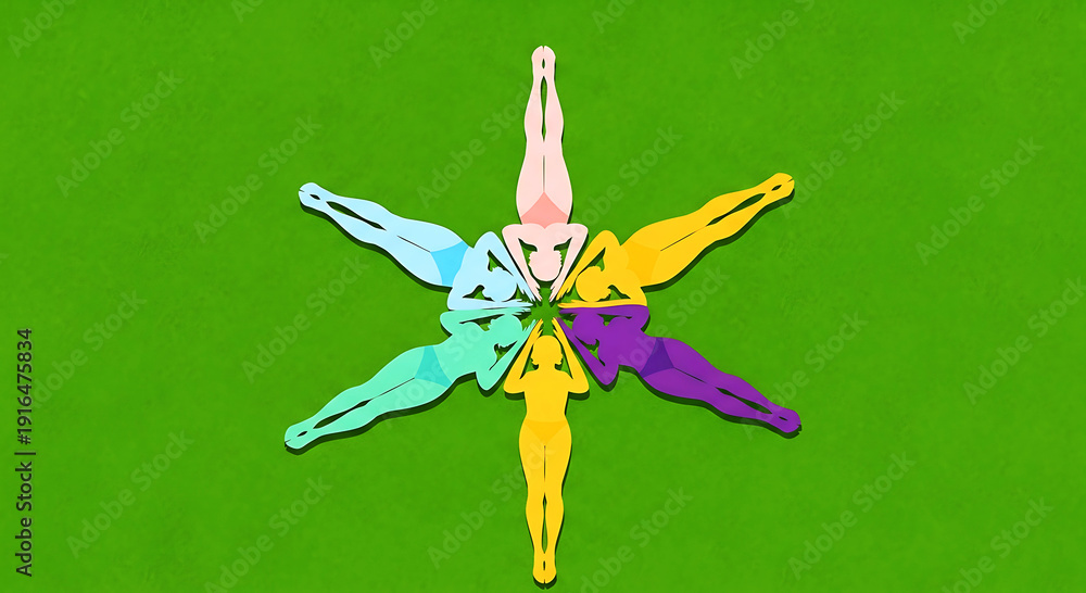 Obraz premium Six diverse women in colorful swimwear form a star shape on a green background