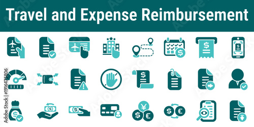 Travel and expense reimbursement icons illustrating corporate business trip costs approvals receipts reporting compensation and expense management workflow