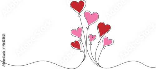 Continuous line art illustration of heart balloons in red and pink symbolizing love and celebration perfect for Valentines Day cards or romantic designs