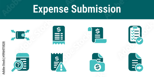 Expense submission icons representing receipts invoices expense reports validation warnings and financial documentation workflow