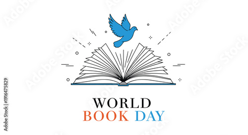 Vector illustration of an open book with a blue bird flying out, celebrating World Book Day with sparks and lines around, on a transparent background
