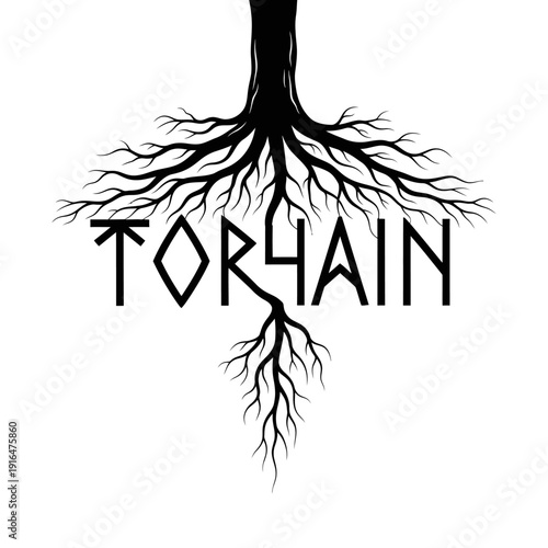 Ancient Rune Symbol TORHAIN with Tree Roots and Branches