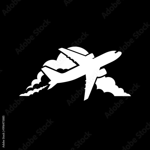 Airplane flying through clouds at sunset, travel and transport concept