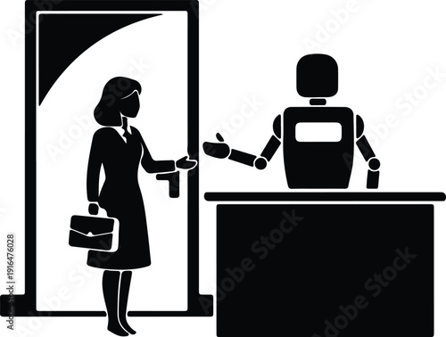 silhouette businesswoman arriving at office reception being greeted by robot vector design