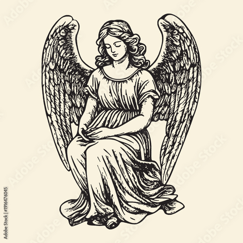 Serene Angelic Figure with Large Wings, Seated Pose, Black and White Classical Illustration, Symbol of Peace, Hope, and Comfort