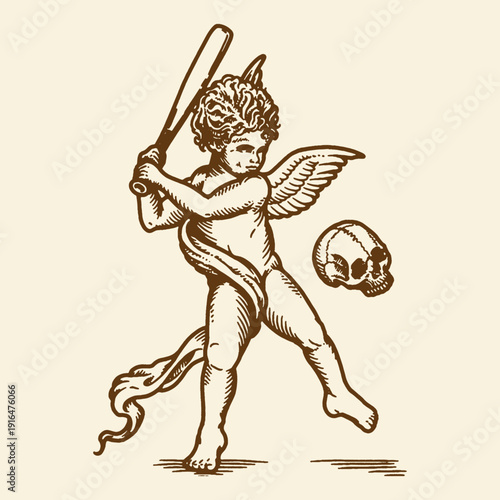 Cherub with Baseball Bat and Skull, Playful Yet Dark Illustration, Symbolizing Youthful Mischief and Mortality