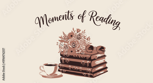 Vector illustration of a stack of books with a cup of coffee and flowers on top, isolated on beige background