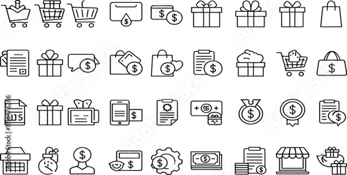 Collection of various commerce and finance line icons representing shopping and monetary transactions in a digital format