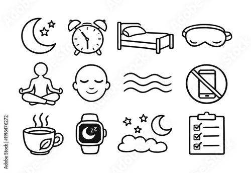 Sleep and Relaxation Line Art Icons Set - Mindfulness and Wellness Symbols
