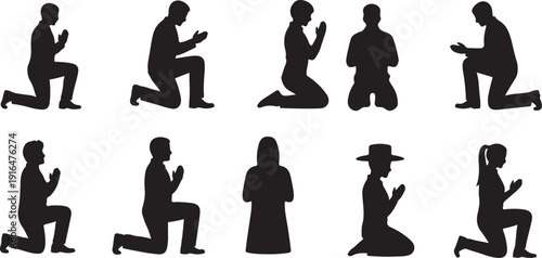 Silhouettes of people kneeling in prayer or contemplation together