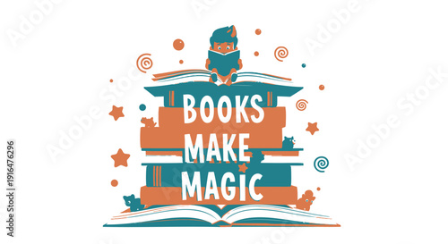 Vector illustration of stacked books with magic symbols and 'Books Make Magic' text