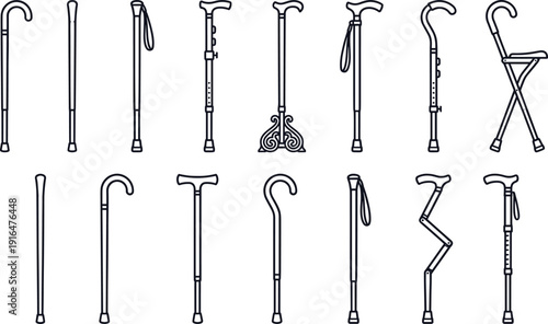 Vector Illustration Set of Walking Canes and Mobility Aids Featuring Folding Sticks, Quad Bases, Adjustable Handles, and Portable Seat Canes for Elderly Support and Recovery