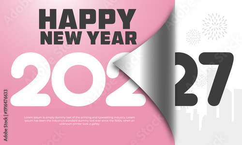 Happy New Year 2027 Turning Page with Fireworks and Cityscape