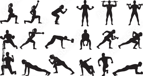 Silhouettes of people exercising with dumbbells and weights in various poses