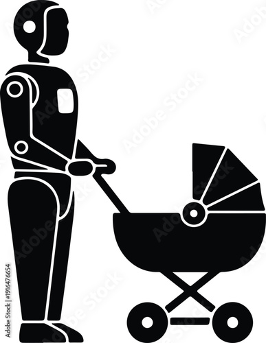 silhouette humanoid robot nanny character pushing a baby stroller vector design
