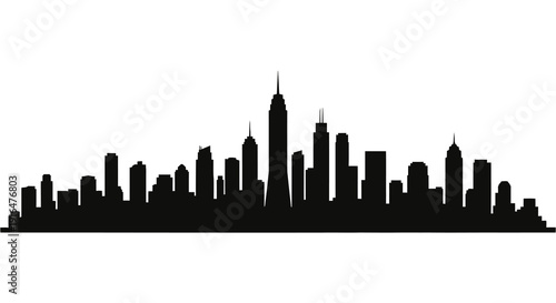 A stark black silhouette depicts a sprawling city skyline against a plain white background high quality