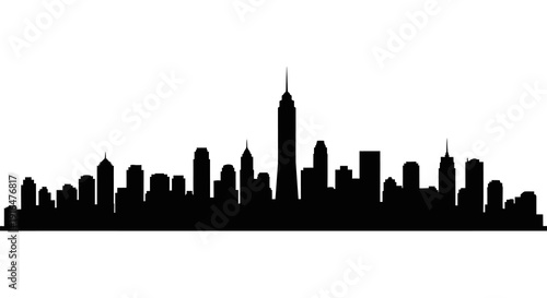 A stark black silhouette of a modern city skyline against a plain white background high quality