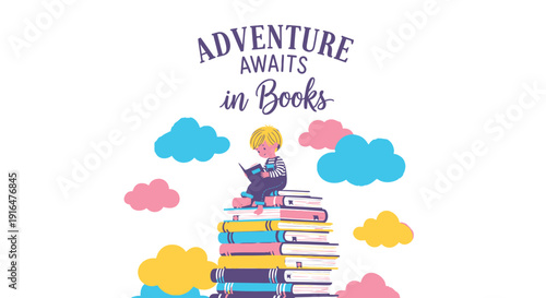 Vector illustration of a child sitting on stack of colorful books with clouds and text 'Adventure Awaits in Books'