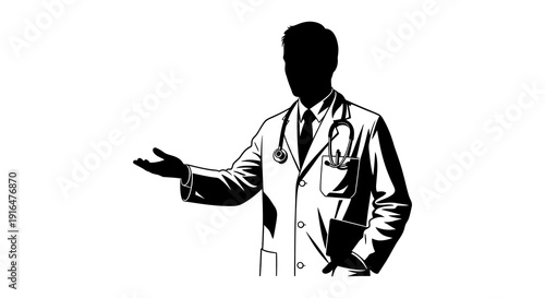 A silhouette of a doctor in a white coat presenting with an open palm gesture