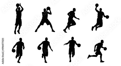Silhouette series depicting multiple basketball players in various dynamic action poses high quality professional detailed modern